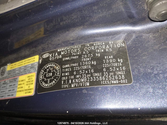 Aukcja sprzedaży 2008 Kia Sedona, vin: KNDMB233586252638, numer aukcji: 12574975