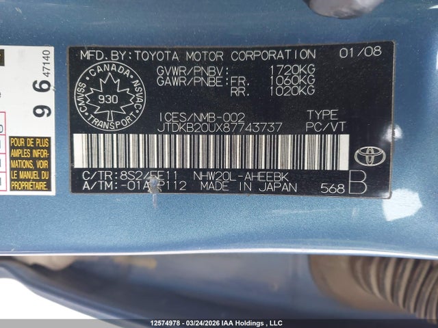 Продаж на аукціоні авто 2008 Toyota Prius, vin: JTDKB20UX87743737, номер лоту: 12574978