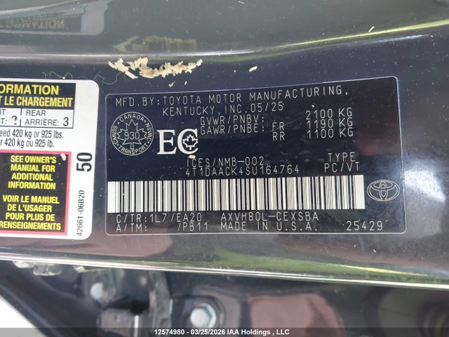 2025 Toyota Camry მანქანა იყიდება აუქციონზე, vin: 4T1DAACK4SU164764, აუქციონის ნომერი: 12574980
