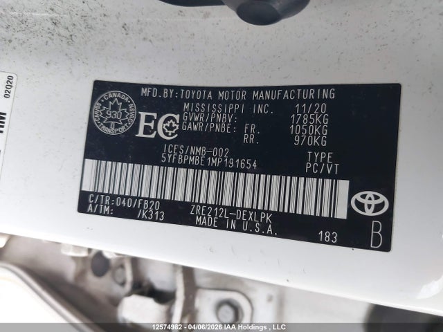 5YFBPMBE1MP191654 Toyota COROLLA LE