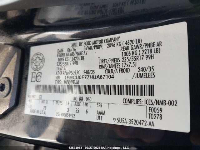 1FMCU0F77HUA67104 Ford ESCAPE S