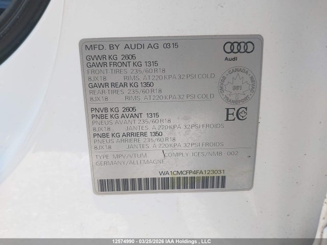 12574990 :رقم المزاد ، WA1CMCFP4FA123031 vin ، 2015 Audi Q5 Tdi/premium Plus مزاد بيع