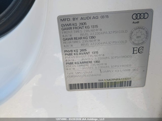 12574990 :رقم المزاد ، WA1CMCFP4FA123031 vin ، 2015 Audi Q5 Tdi/premium Plus مزاد بيع