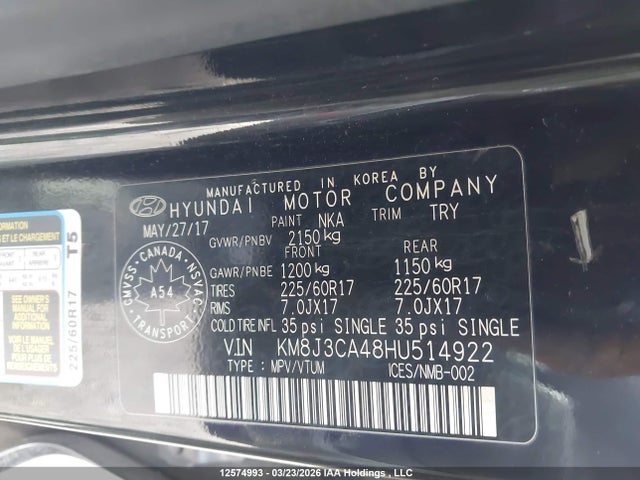 Продаж на аукціоні авто 2017 Hyundai Tucson Limited/sport And Eco/se, vin: KM8J3CA48HU514922, номер лоту: 12574993
