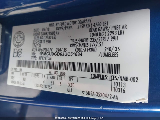 1FMCU9GD6JUC51884 Ford ESCAPE SE