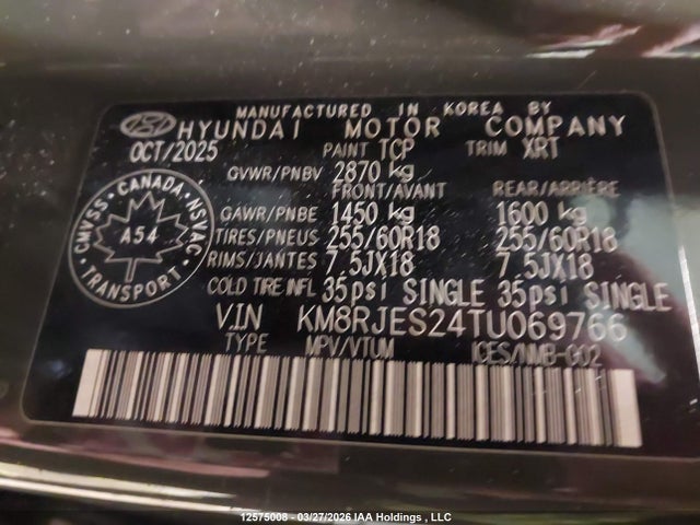 Aukcja sprzedaży 2026 Hyundai Palisade Xrt Pro, vin: KM8RJES24TU069766, numer aukcji: 12575008