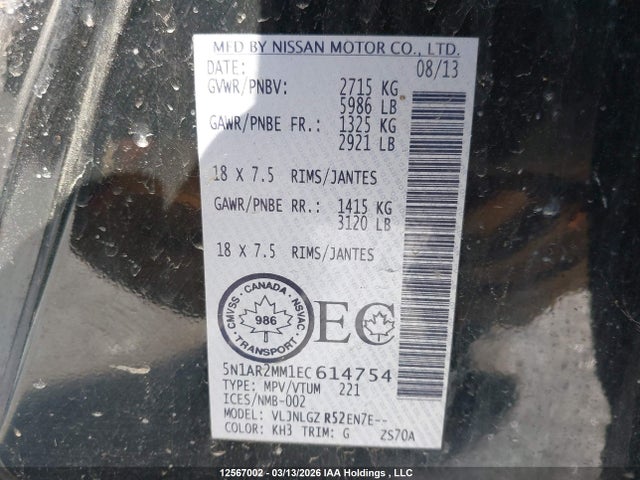 12567002 :رقم المزاد ، 5N1AR2MM1EC614754 vin ، 2014 Nissan Pathfinder Platinum/s/sl/sv مزاد بيع