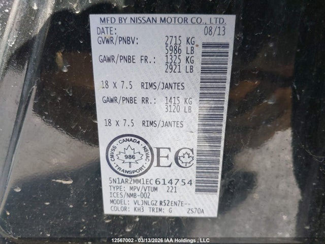 12567002 :رقم المزاد ، 5N1AR2MM1EC614754 vin ، 2014 Nissan Pathfinder Platinum/s/sl/sv مزاد بيع