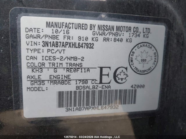 2017 Nissan Sentra S/sv/sr/sl მანქანა იყიდება აუქციონზე, vin: 3N1AB7APXHL647932, აუქციონის ნომერი: 12575014