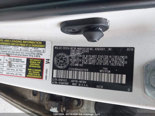 Aukcja sprzedaży 2010 Toyota Venza, vin: 4T3ZA3BB4AU031978, numer aukcji: 12572224