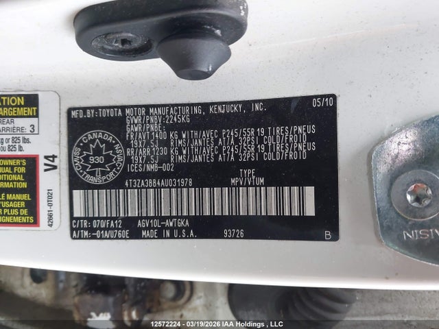 Aukcja sprzedaży 2010 Toyota Venza, vin: 4T3ZA3BB4AU031978, numer aukcji: 12572224