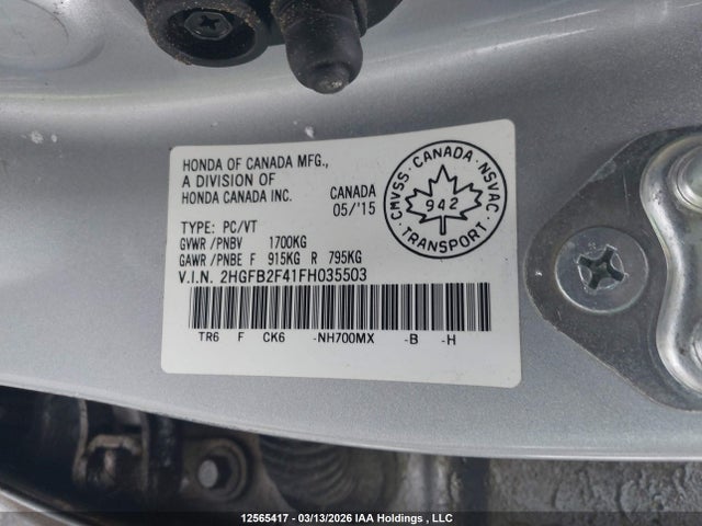 Продаж на аукціоні авто 2015 Honda Civic Lx, vin: 2HGFB2F41FH035503, номер лоту: 12565417