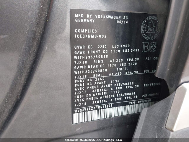 WVGJV7AX7FW511975 Volkswagen Tiguan Comfortline/highline/special Edition/trendline