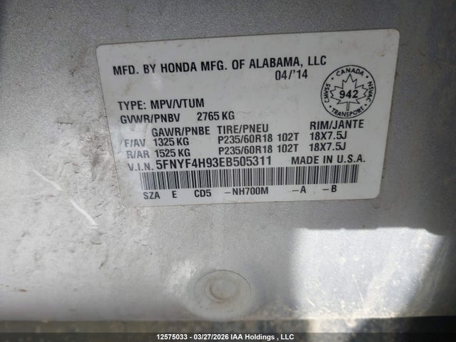 2014 Honda Pilot Touring მანქანა იყიდება აუქციონზე, vin: 5FNYF4H93EB505311, აუქციონის ნომერი: 12575033