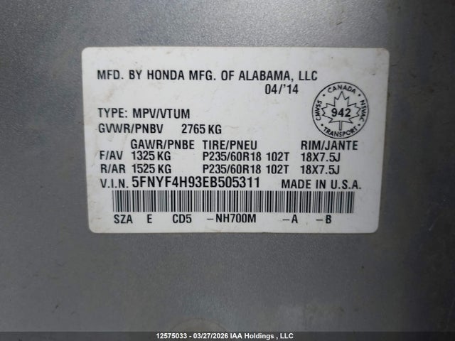 2014 Honda Pilot Touring მანქანა იყიდება აუქციონზე, vin: 5FNYF4H93EB505311, აუქციონის ნომერი: 12575033