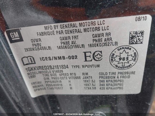 12575037 :رقم المزاد ، 1GKKVRED2BJ161834 vin ، 2011 Gmc Acadia Slt-1 مزاد بيع