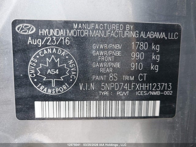 12575041 :رقم المزاد ، 5NPD74LFXHH123713 vin ، 2017 Hyundai Elantra Le مزاد بيع