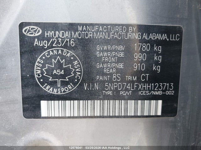 12575041 :رقم المزاد ، 5NPD74LFXHH123713 vin ، 2017 Hyundai Elantra Le مزاد بيع