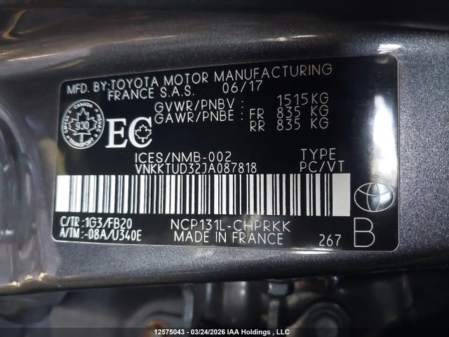 2018 Toyota Yaris L/le/se მანქანა იყიდება აუქციონზე, vin: VNKKTUD32JA087818, აუქციონის ნომერი: 12575043