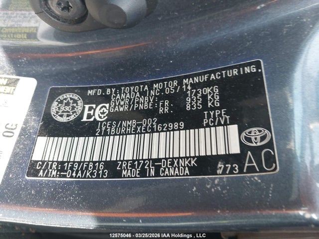 2014 Toyota Corolla მანქანა იყიდება აუქციონზე, vin: 2T1BURHEXEC162989, აუქციონის ნომერი: 12575046