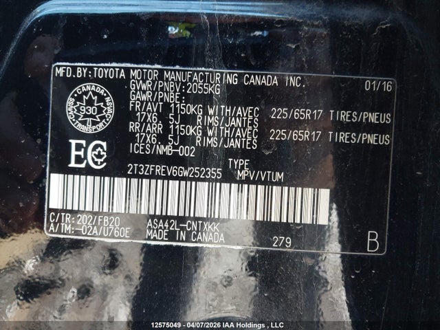2T3ZFREV6GW252355 Toyota RAV4 LE