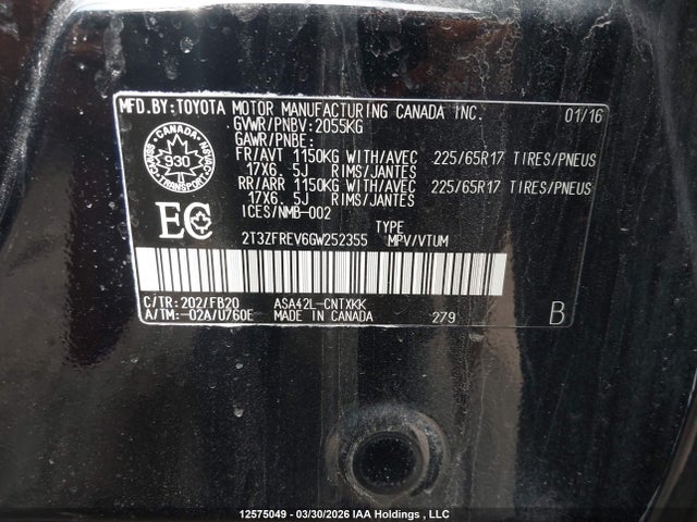 2T3ZFREV6GW252355 Toyota RAV4 LE