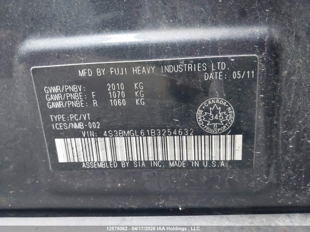 Aukcja sprzedaży 2011 Subaru Legacy, vin: 4S3BMGL61B3254632, numer aukcji: 12575062