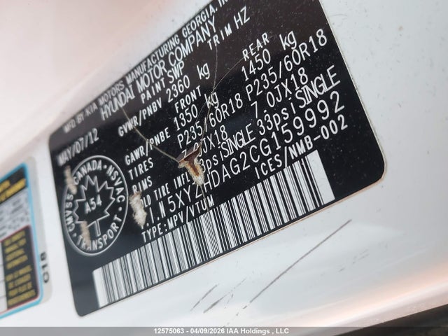 Продаж на аукціоні авто 2012 Hyundai Santa Fe Se, vin: 5XYZHDAG2CG159992, номер лоту: 12575063