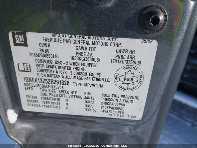Aukcja sprzedaży 2002 Chevrolet Tahoe Bph Pkg./ls/lt, vin: 1GNEK13Z52R291326, numer aukcji: 12575064