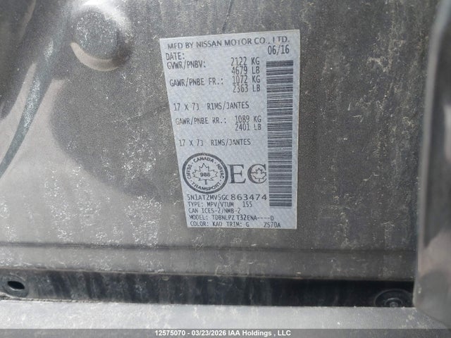 5N1AT2MV5GC863474 Nissan Rogue S/sl Premium/sv