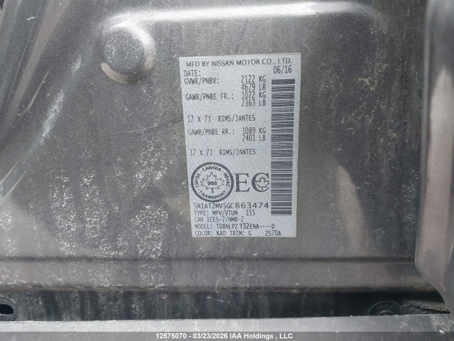 5N1AT2MV5GC863474 Nissan Rogue S/sl Premium/sv