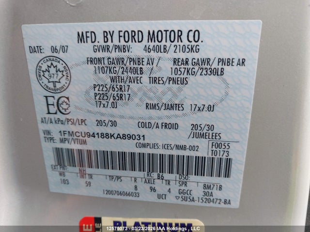 12575073 :رقم المزاد ، 1FMCU94188KA89031 vin ، 2008 Ford Escape Limited مزاد بيع