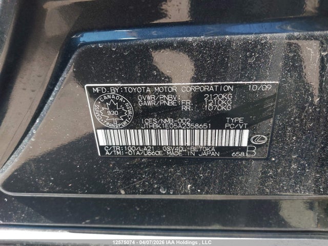 Продажа на аукционе авто 2010 Lexus Es 350 350, vin: JTHBK1EG5A2358651, номер лота: 12575074