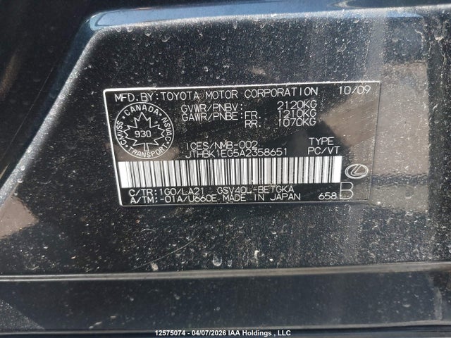 Продажа на аукционе авто 2010 Lexus Es 350 350, vin: JTHBK1EG5A2358651, номер лота: 12575074