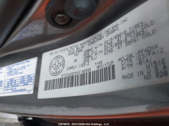 2004 Toyota Sienna Ce მანქანა იყიდება აუქციონზე, vin: 5TDZA29C54S186599, აუქციონის ნომერი: 12575075