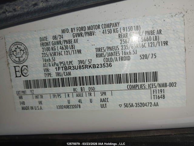 Продаж на аукціоні авто 2024 Ford Transit T-250, vin: 1FTBR3U85RKB23536, номер лоту: 12575079