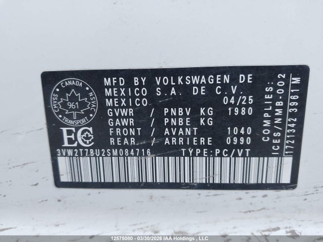 12575080 :رقم المزاد ، 3VW2T7BU2SM084716 vin ، 2025 Volkswagen Jetta Gli مزاد بيع