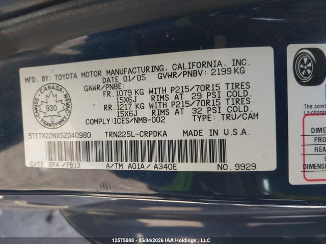 2005 Toyota Tacoma მანქანა იყიდება აუქციონზე, vin: 5TETX22NX5Z040980, აუქციონის ნომერი: 12575088