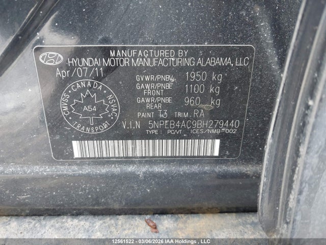 12561522 :رقم المزاد ، 5NPEB4AC9BH279440 vin ، 2011 Hyundai Sonata Gls مزاد بيع