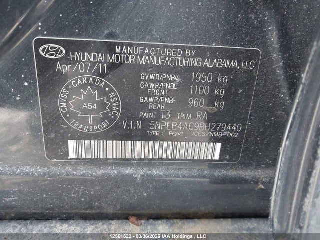 12561522 :رقم المزاد ، 5NPEB4AC9BH279440 vin ، 2011 Hyundai Sonata Gls مزاد بيع