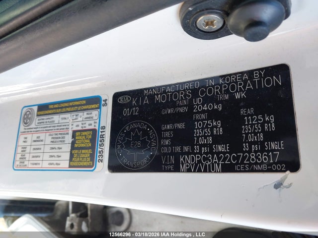 12566296 :رقم المزاد ، KNDPC3A22C7283617 vin ، 2012 Kia Sportage Ex مزاد بيع