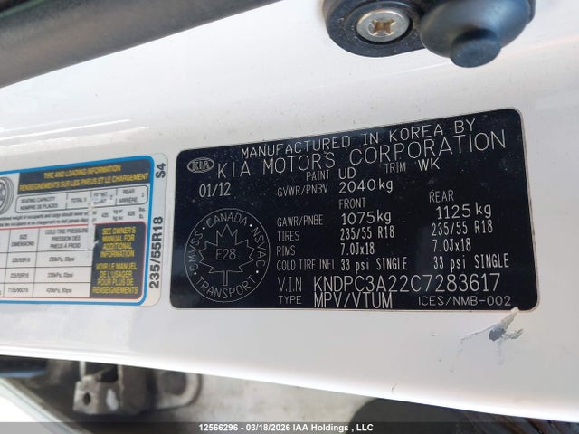 12566296 :رقم المزاد ، KNDPC3A22C7283617 vin ، 2012 Kia Sportage Ex مزاد بيع