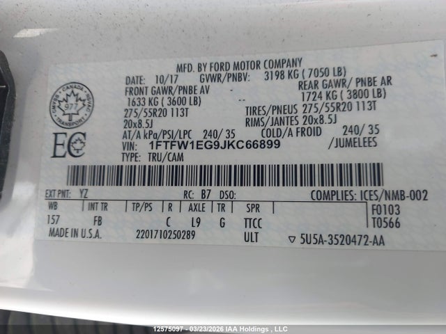 1FTFW1EG9JKC66899 Ford F150 Supercrew