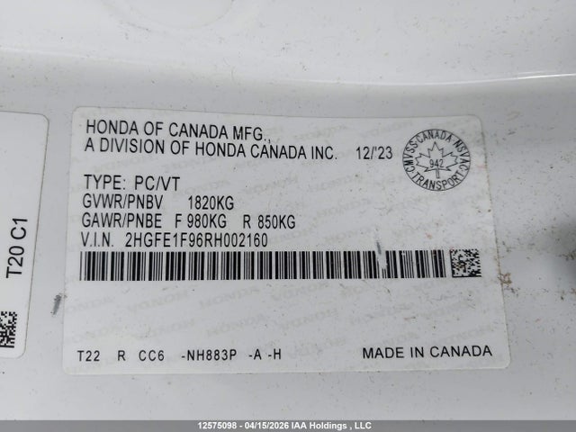 Aukcja sprzedaży 2024 Honda Civic Touring, vin: 2HGFE1F96RH002160, numer aukcji: 12575098