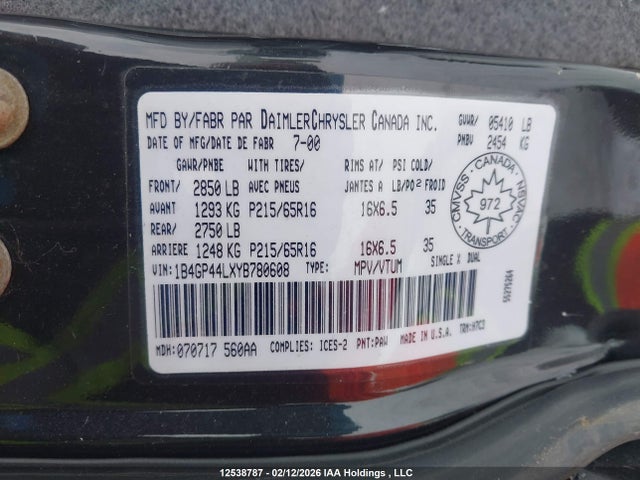 Aukcja sprzedaży 2000 Dodge Grand Caravan Se/sport, vin: 1B4GP44LXYB780608, numer aukcji: 12538787