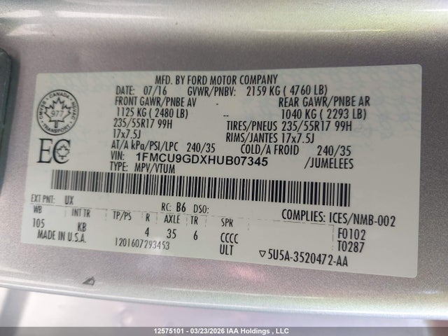 12575101 :رقم المزاد ، 1FMCU9GDXHUB07345 vin ، 2017 Ford Escape Se مزاد بيع