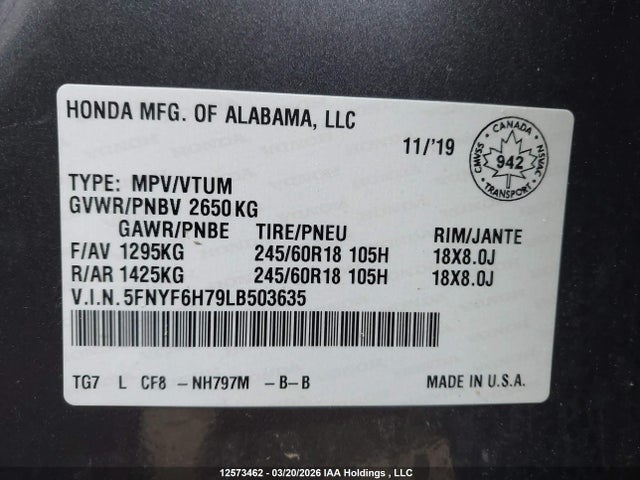Aukcja sprzedaży 2020 Honda Pilot Ex-l Navi, vin: 5FNYF6H79LB503635, numer aukcji: 12573462