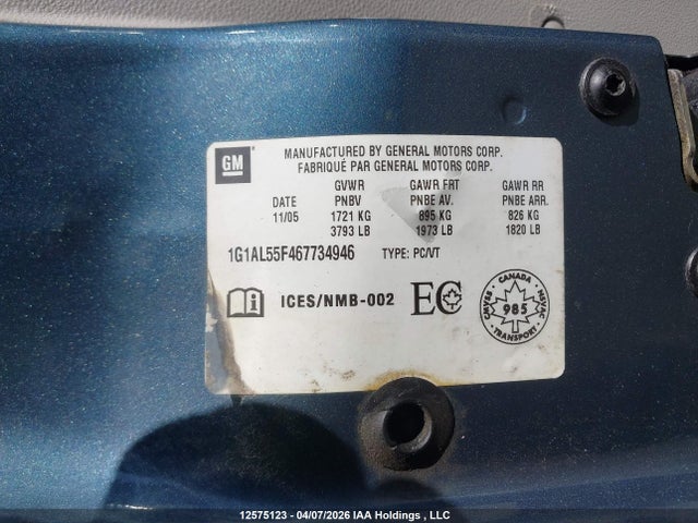 2006 Chevrolet Cobalt Lt მანქანა იყიდება აუქციონზე, vin: 1G1AL55F467734946, აუქციონის ნომერი: 12575123