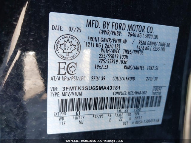 2025 Ford Mustang Mach-e მანქანა იყიდება აუქციონზე, vin: 3FMTK3SU6SMA43181, აუქციონის ნომერი: 12575136