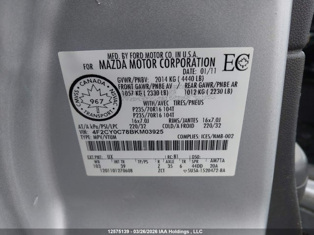 Aukcja sprzedaży 2011 Mazda Tribute I, vin: 4F2CY0C78BKM03925, numer aukcji: 12575139